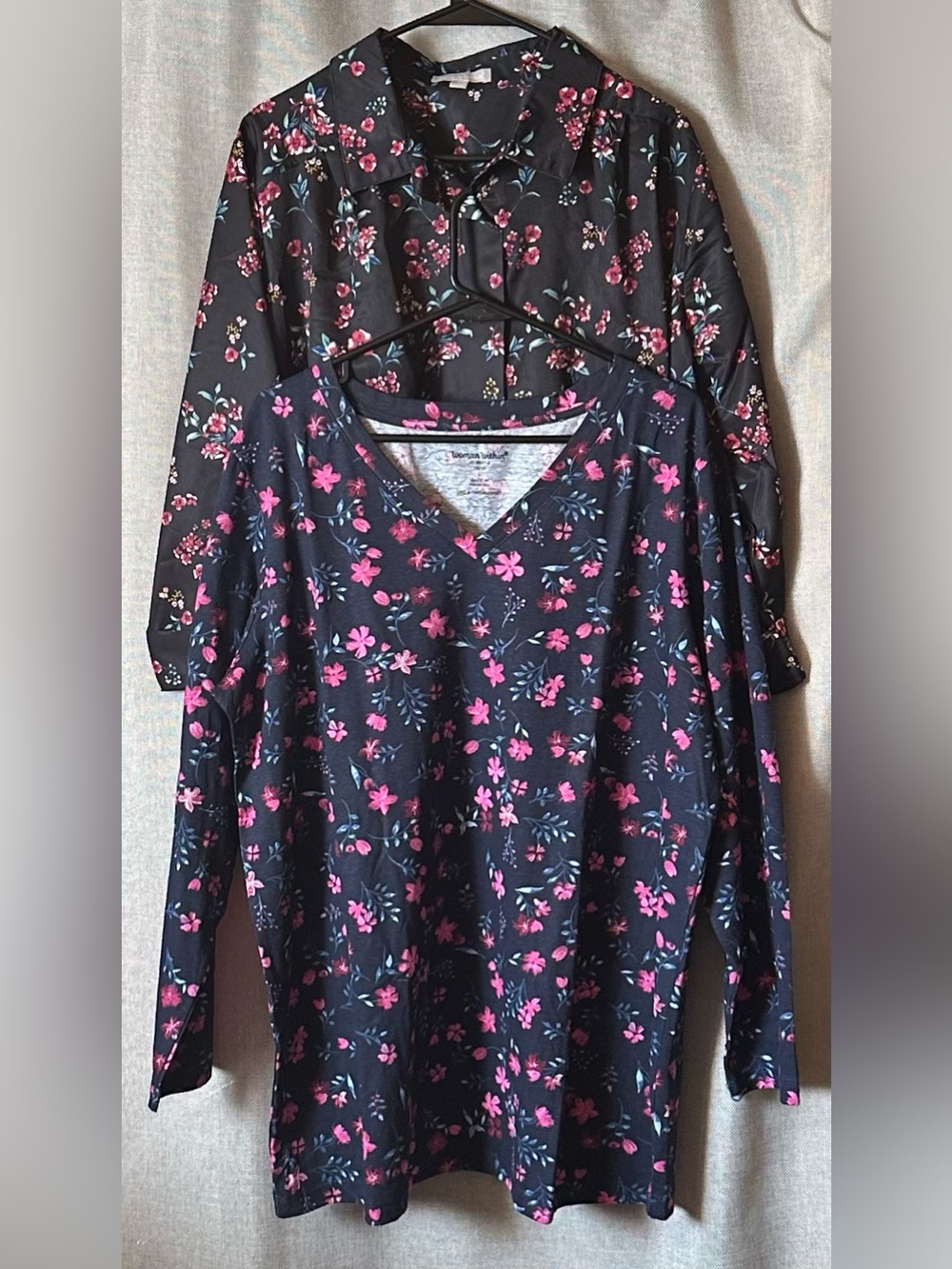 Woman Within•2 tops•button-down blouse/long-sleeve tee•18/20 L•black/pink•floral - Picture 2 of 16